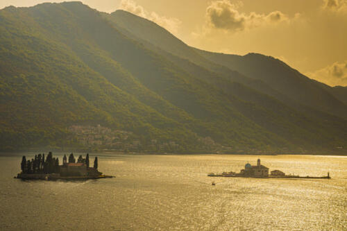 Old monastery on the island of St. George. Kotor bay evening landscape. Perast in Montenegro.