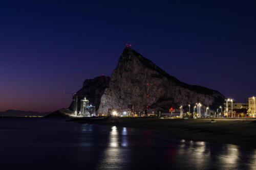 View to the rock of Gibraltar during night from La Linea de la Concepcion.