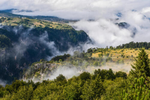 View on the Susica canyon covered by fog in northern Montenegro.